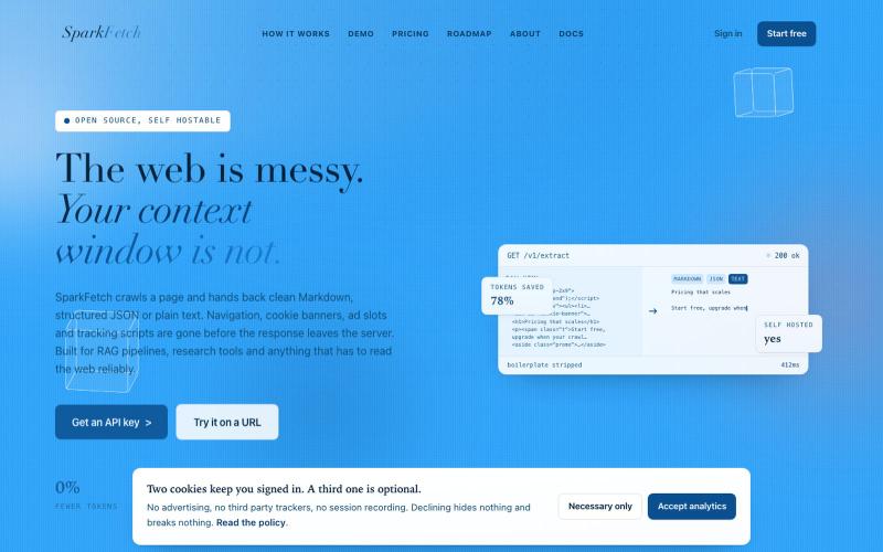 SparkFetch, web content extraction API — screenshot