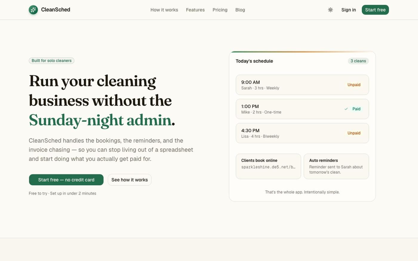 CleanSched — Scheduling & invoicing for solo cleaners — screenshot