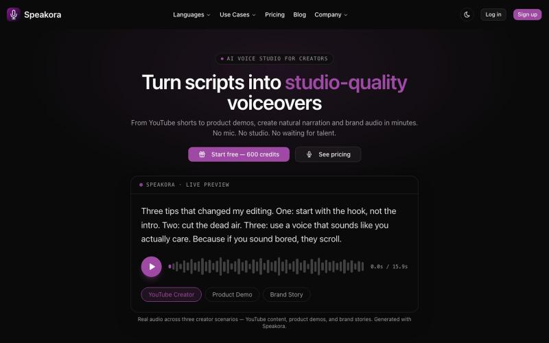 AI Voice Generator for Creators | Speakora — screenshot