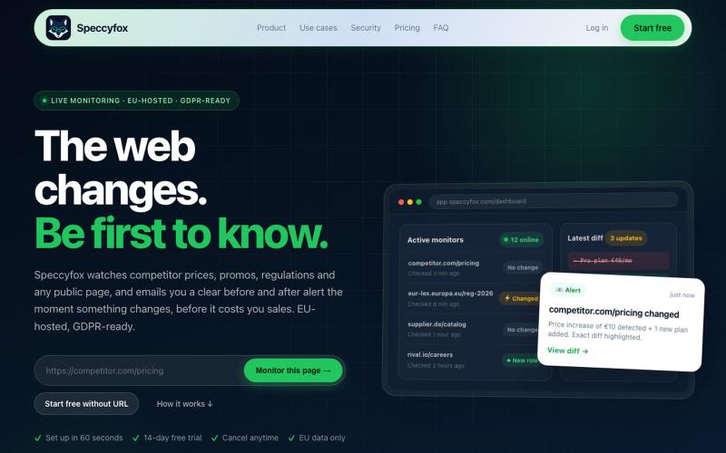 Speccyfox — Website Change Monitoring & Alerts | Track Any Page Automatically — screenshot