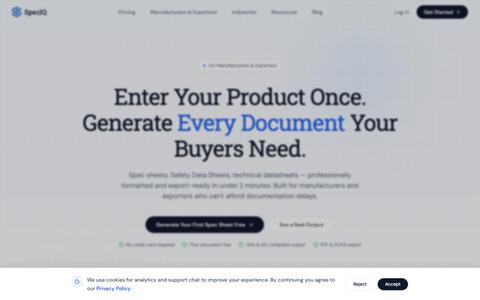AI Spec Sheet Generator for Manufacturers & Exporters | SpecIQ | SpecIQ — screenshot