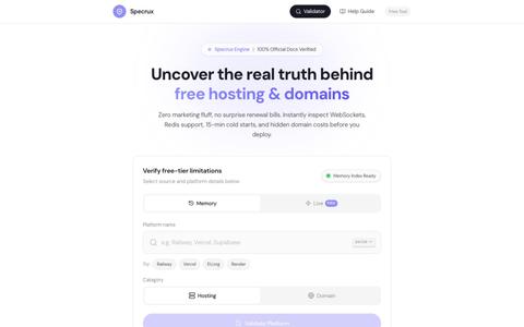 Specrux - Free Tier Hosting & Domain Limits Validator — screenshot