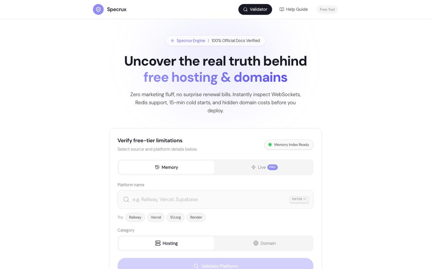 Specrux - Free Tier Hosting & Domain Limits Validator — screenshot
