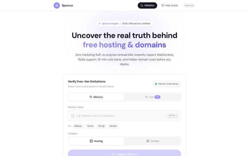 Specrux - Free Tier Hosting & Domain Limits Validator — screenshot