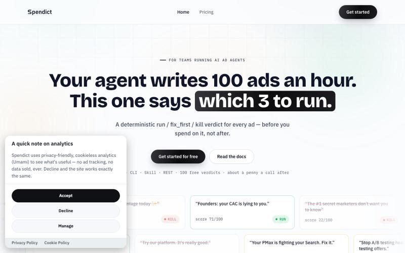 Spendict | deterministic ad-creative verdicts for AI agents — screenshot