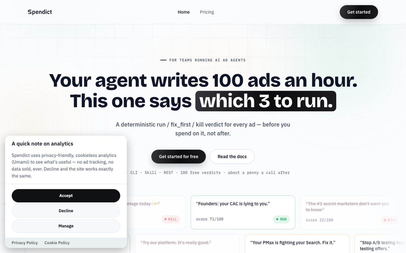 Spendict | deterministic ad-creative verdicts for AI agents — screenshot