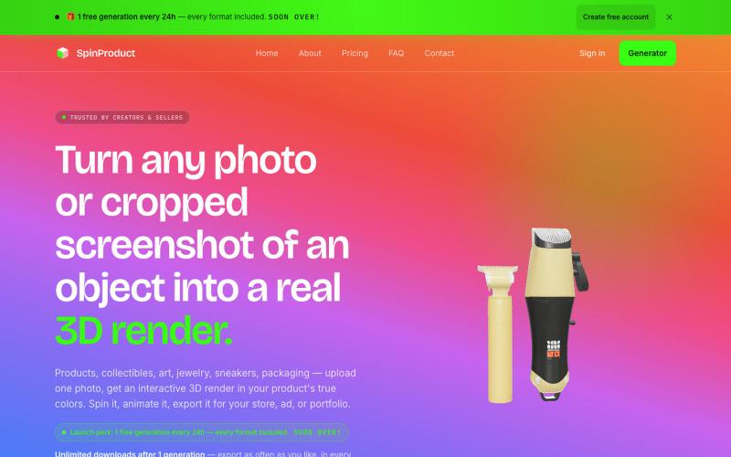 Turn a product photo into a real 3D render — SpinProduct — screenshot