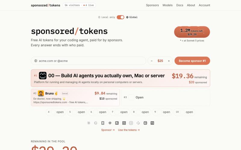 sponsored/tokens — a public pool of AI tokens — screenshot