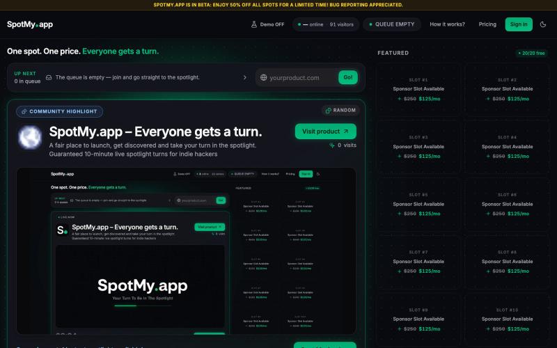 SpotMy.app – Your Turn in the Spotlight | Launch Platform for Micro-SaaS — screenshot