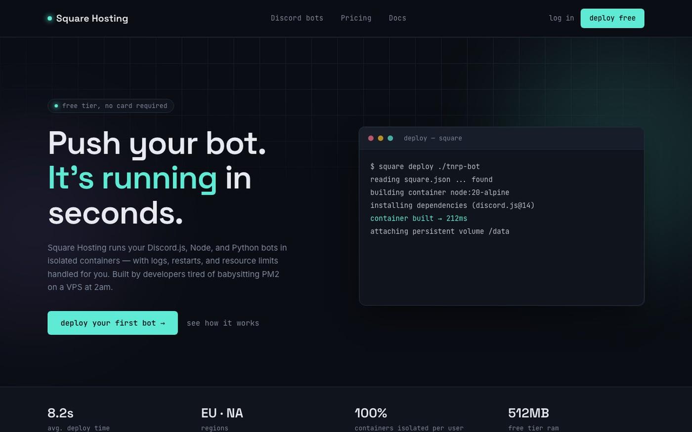 Square Hosting — container hosting for Discord bots — screenshot