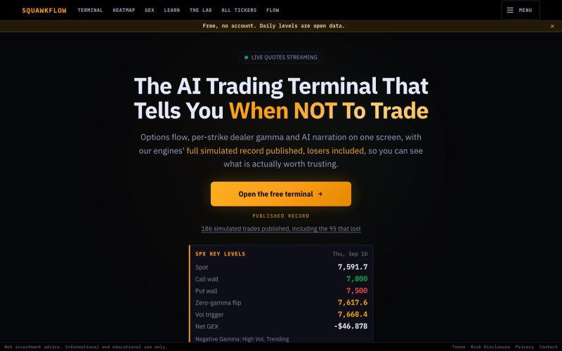 SquawkFlow - The AI Trading Terminal That Tells You When NOT To Trade — screenshot