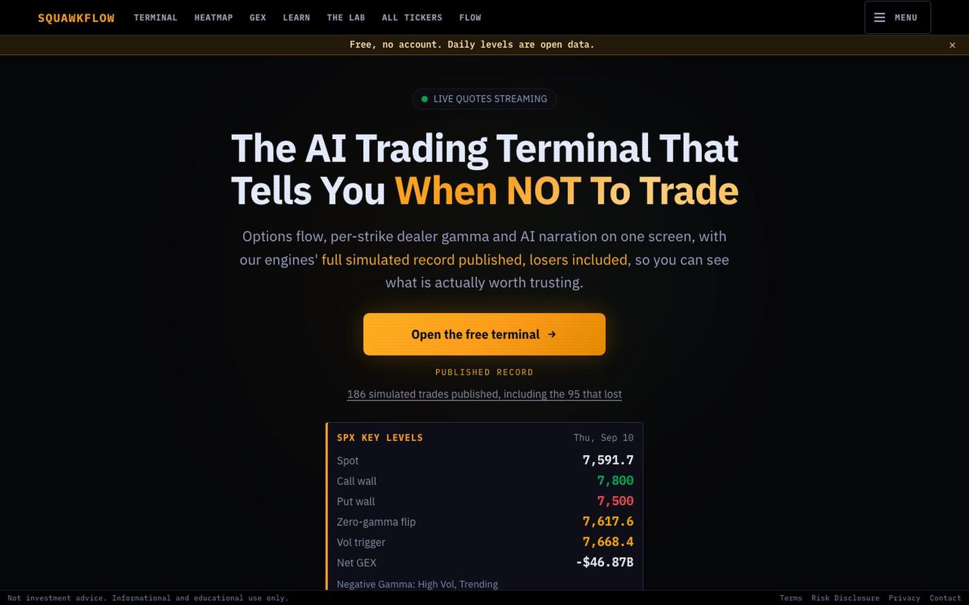 SquawkFlow - The AI Trading Terminal That Tells You When NOT To Trade — screenshot
