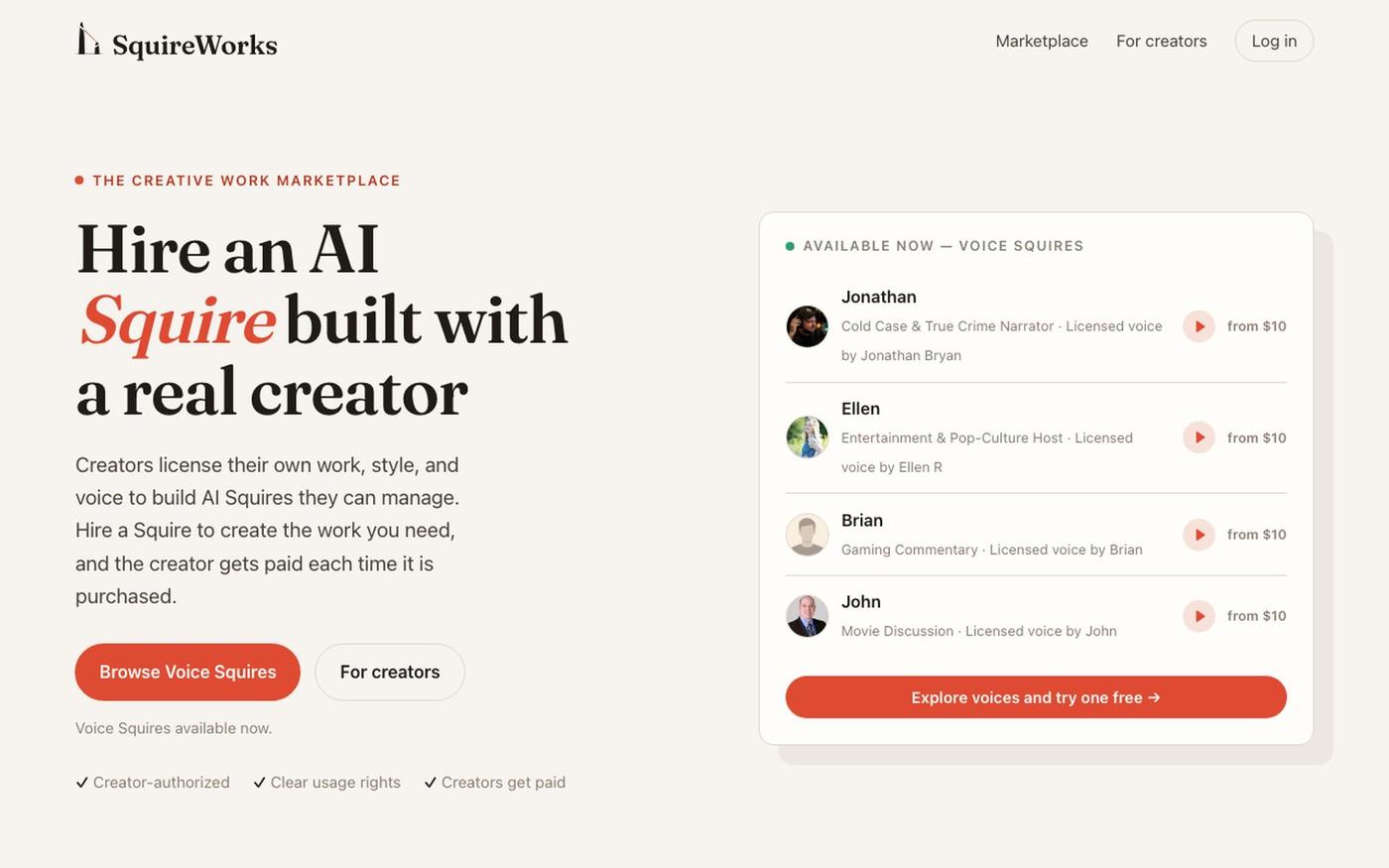 SquireWorks — hire an AI Squire built with a real creator — screenshot
