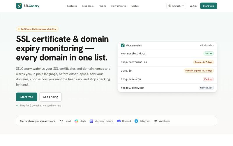 SSL Certificate & Domain Expiry Monitoring — SSLCanary — screenshot