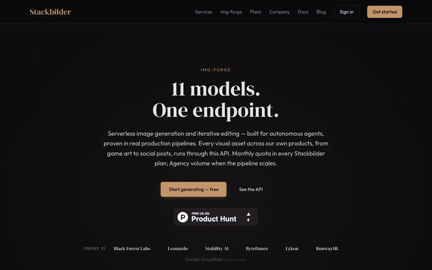img-forge — 11 models. One endpoint. | Stackbilder — screenshot