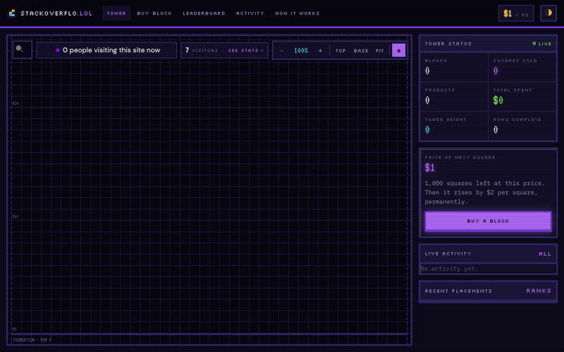 stackoverflo.lol — the internet's infinite branded tower — screenshot