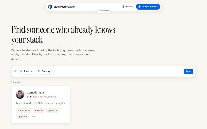 Find freelancers by the tools they use · stackrosters — screenshot