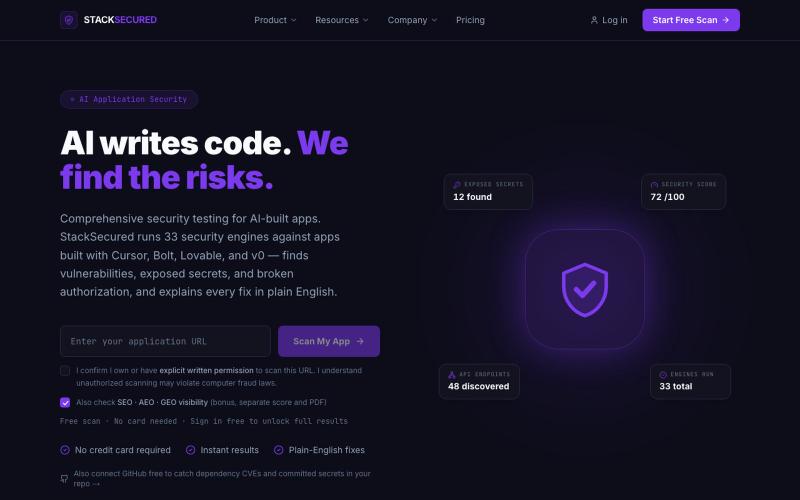 StackSecured — Security Audit for Vibe-Coded Apps — screenshot