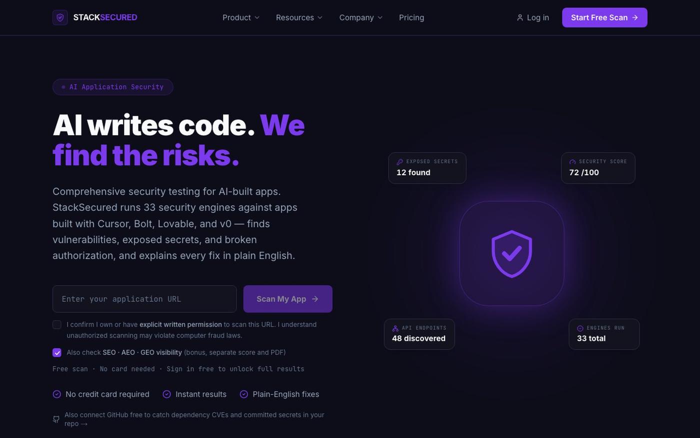 StackSecured — Security Audit for Vibe-Coded Apps — screenshot