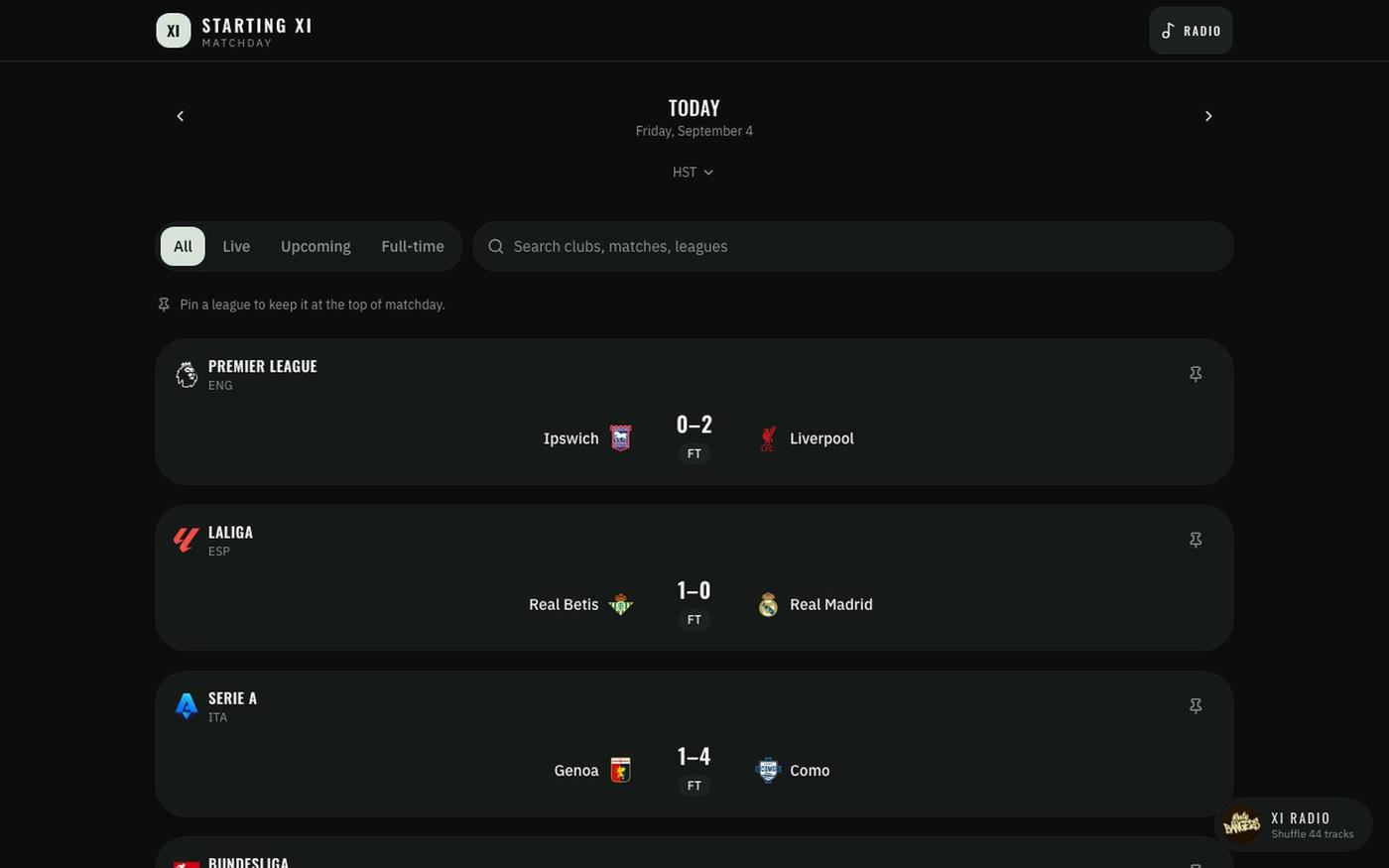 Starting XI — screenshot