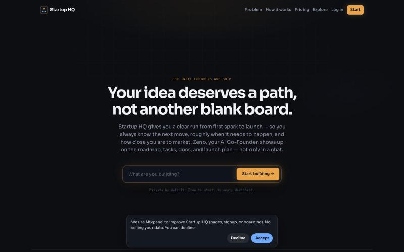 Startup HQ — AI Co-Founder for indie founders — screenshot