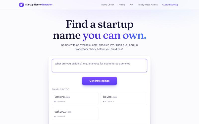 Free startup name generator: only available .coms | startupnamegenerator — screenshot