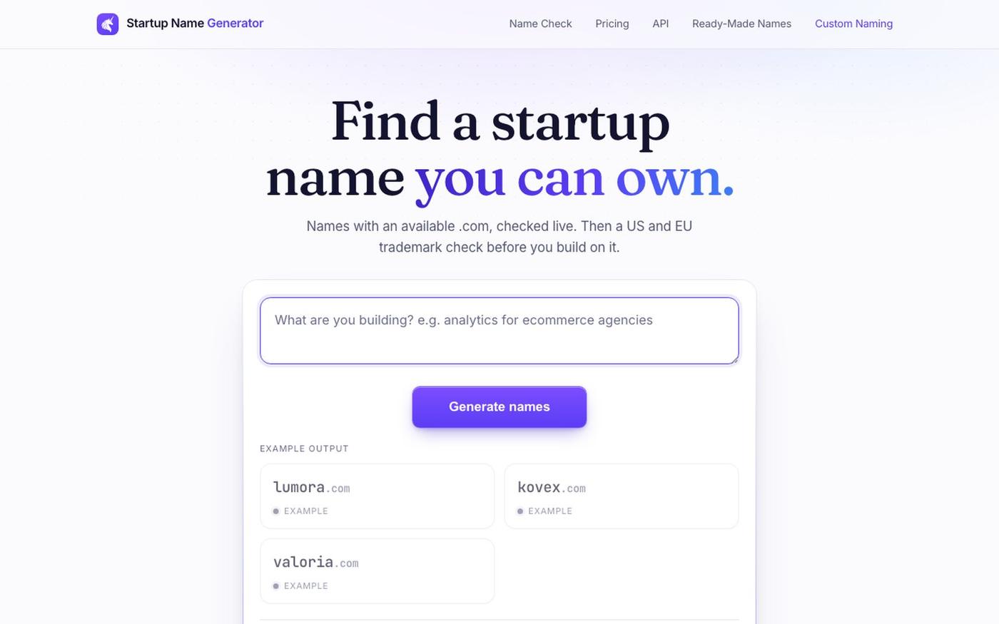 Free startup name generator: only available .coms | startupnamegenerator — screenshot