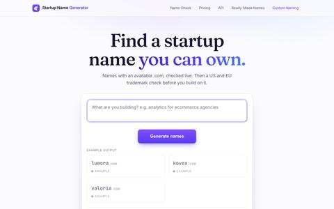 Free startup name generator: only available .coms | startupnamegenerator — screenshot