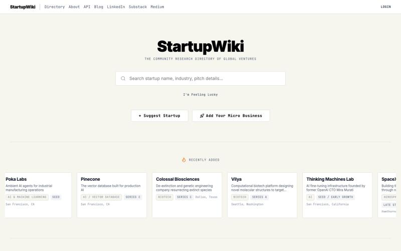 StartupWiki - AI-Powered Startup Research Directory — screenshot