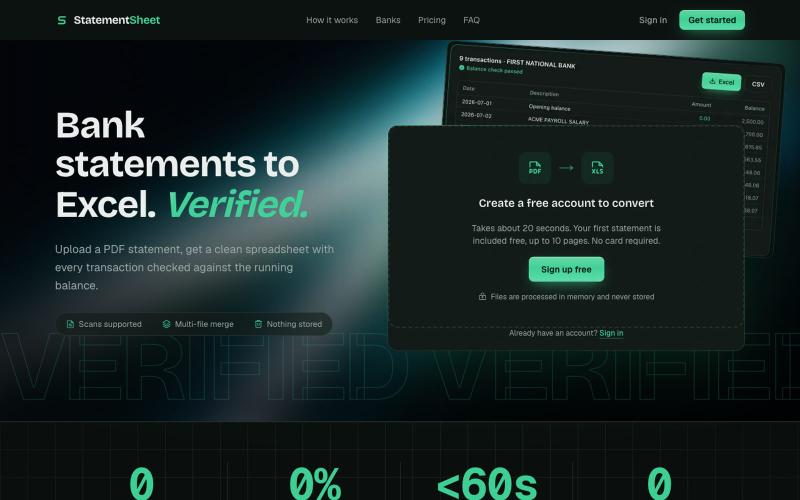 StatementSheet: Convert Bank Statements to Excel & CSV — screenshot