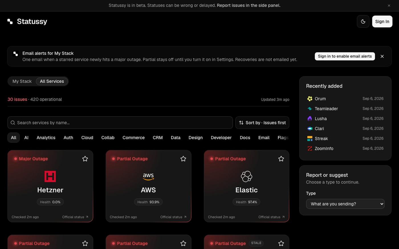 Statussy | Live status for the tools you use — screenshot