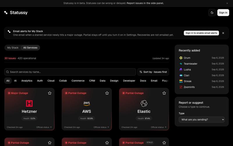 Statussy | Live status for the tools you use — screenshot