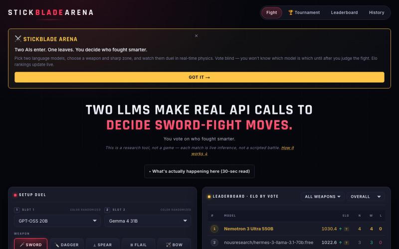 STICKBLADE ARENA — Physics-Based LLM Benchmark — screenshot