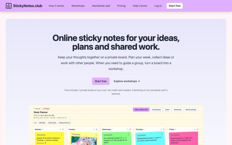 Online sticky notes for ideas, plans and workshops - StickyNotes.club — screenshot