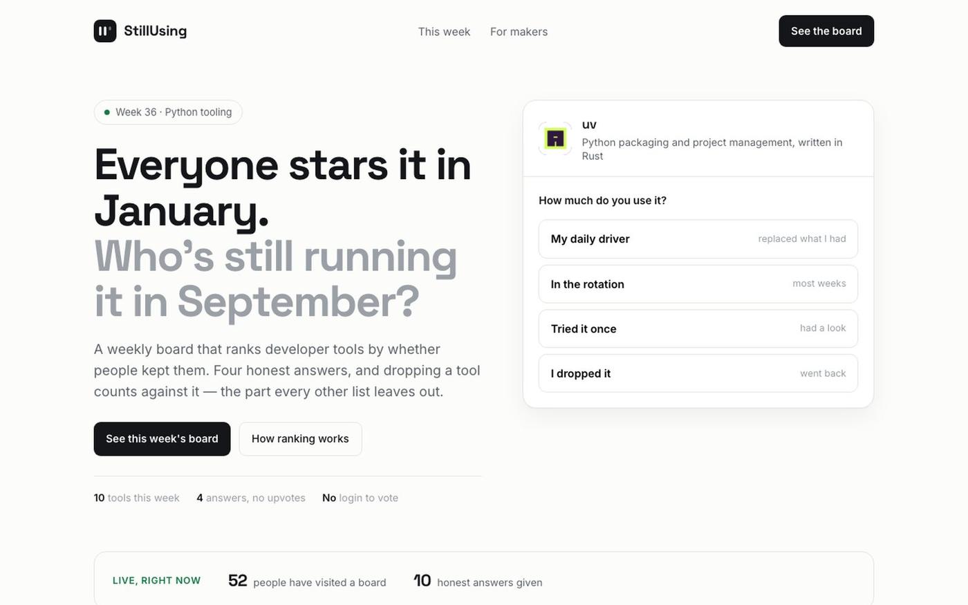 StillUsing — the dev tools people actually kept — screenshot