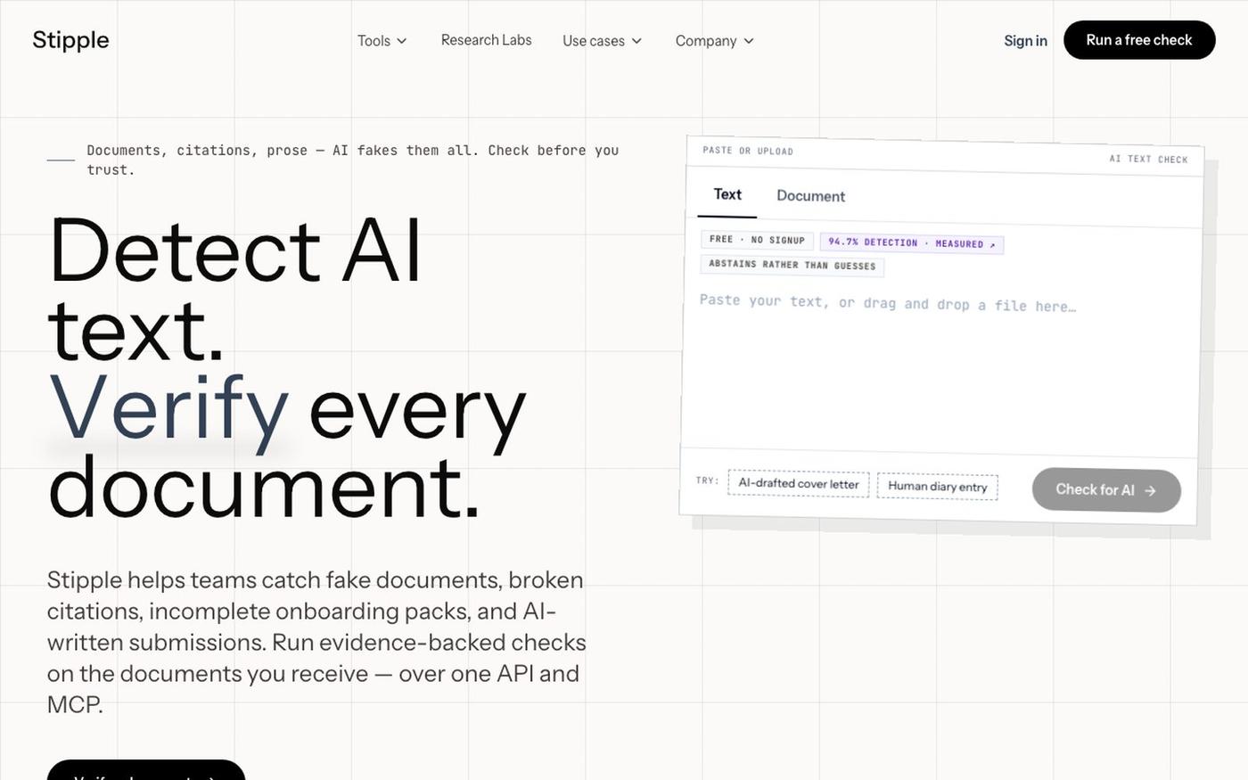 Stipple - Detect AI Text & Verify Documents — screenshot