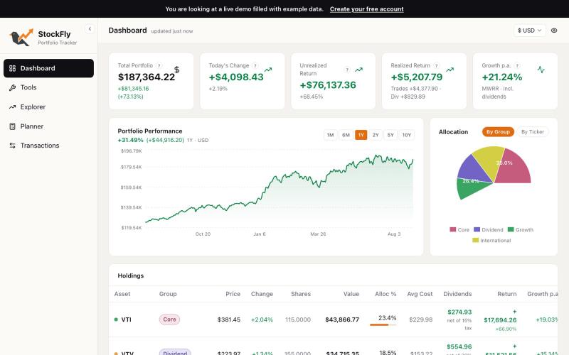 Live Demo: see StockFly with a real portfolio | StockFly — screenshot