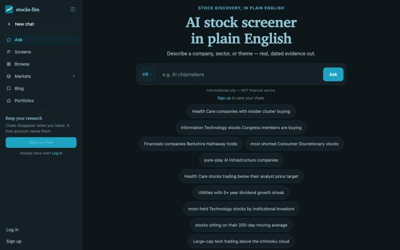 AI Stock Screener in Plain English (Free) — stocks-llm — screenshot