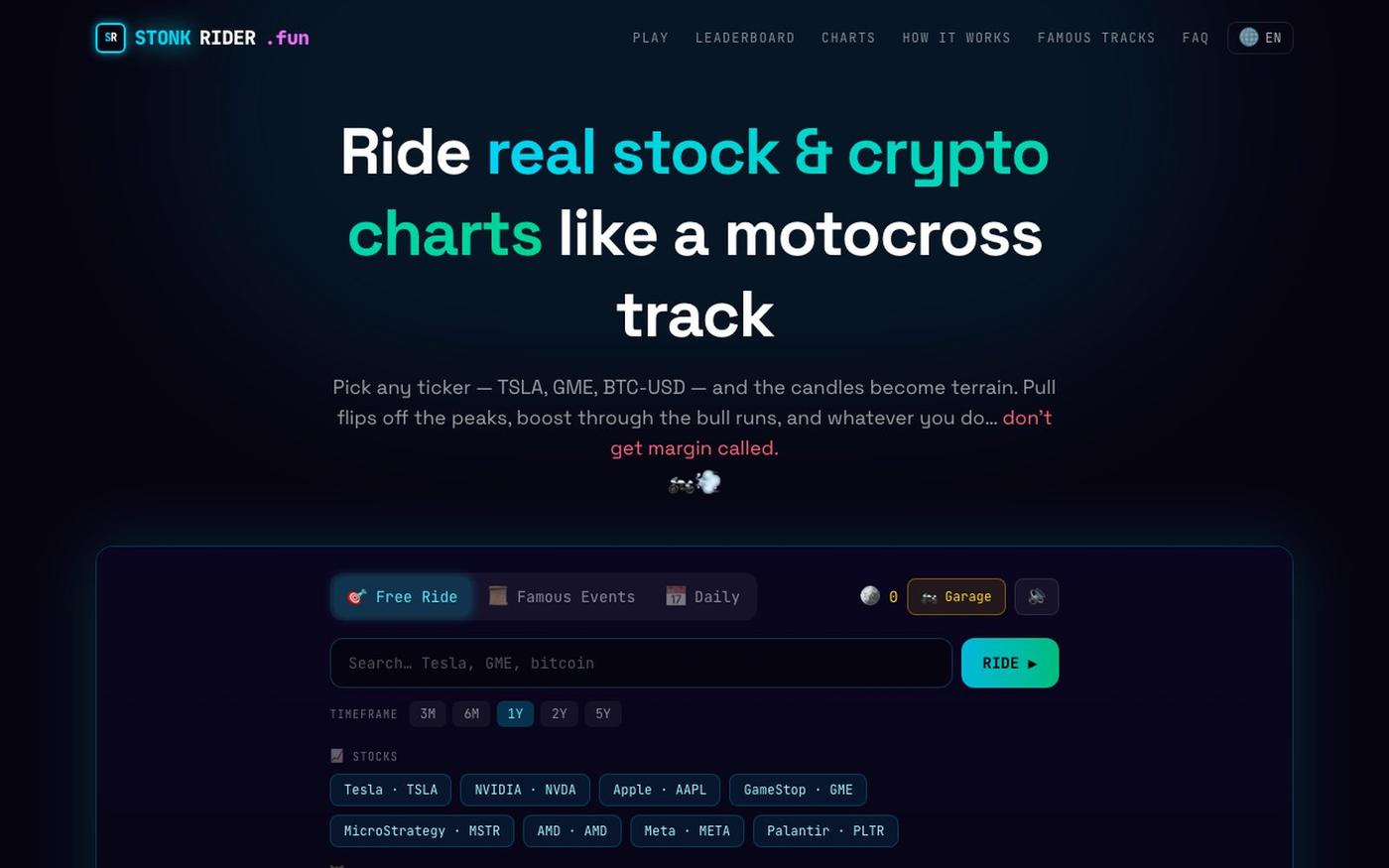 StonkRider.fun — Ride Stock & Crypto Charts as Racing Tracks — screenshot