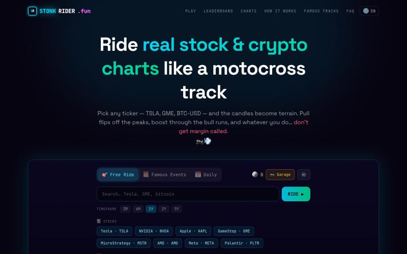 StonkRider.fun — Ride Stock & Crypto Charts as Racing Tracks — screenshot