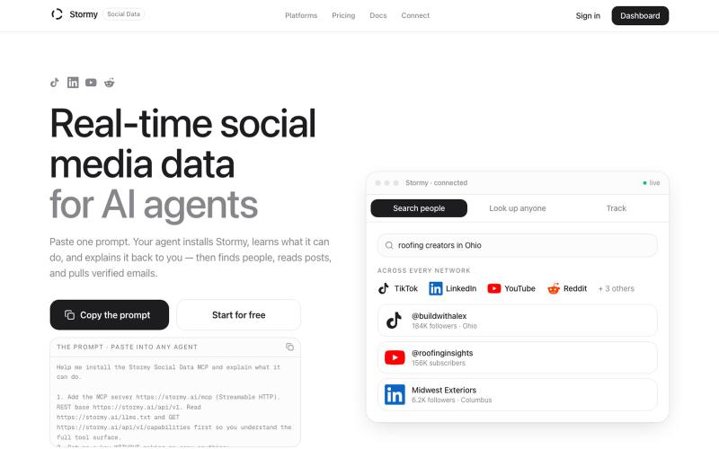 Stormy Social Data | Social data, built for AI agents | Stormy Social Data — screenshot