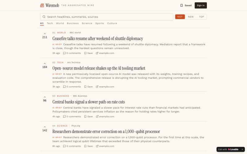 Wiremob — Aggregated news, ranked by readers — screenshot