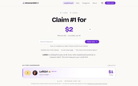 StreamersBid.lol — Pay-to-rank leaderboard for Twitch & Kick — screenshot