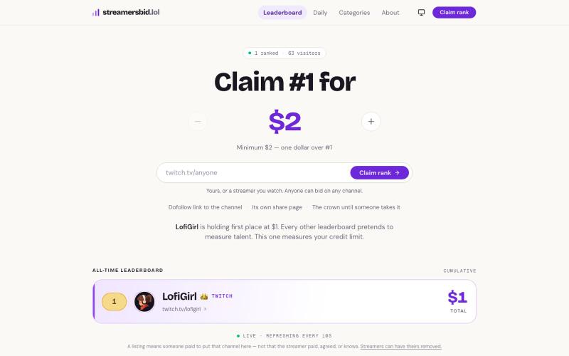 StreamersBid.lol — Pay-to-rank leaderboard for Twitch & Kick — screenshot