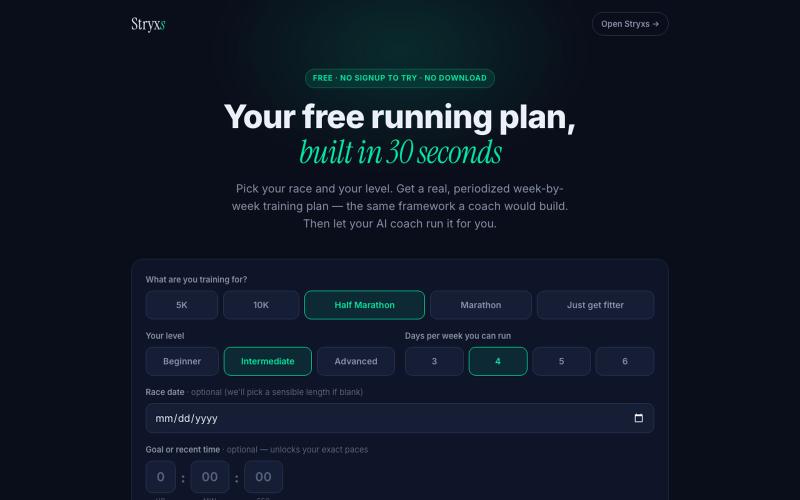 Free Running Training Plan Generator | Stryxs AI Running Coach — screenshot