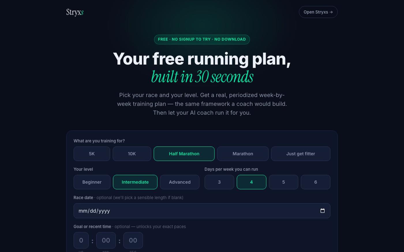 Free Running Training Plan Generator | Stryxs AI Running Coach — screenshot