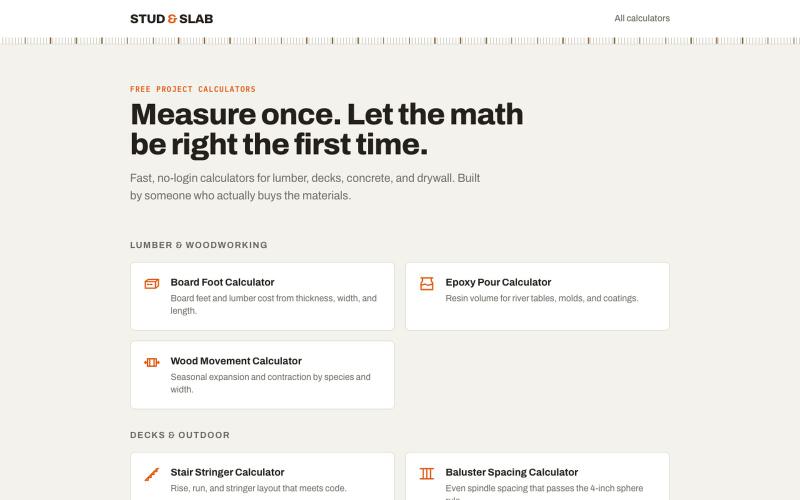 Stud & Slab | Free DIY and Home Project Calculators — screenshot