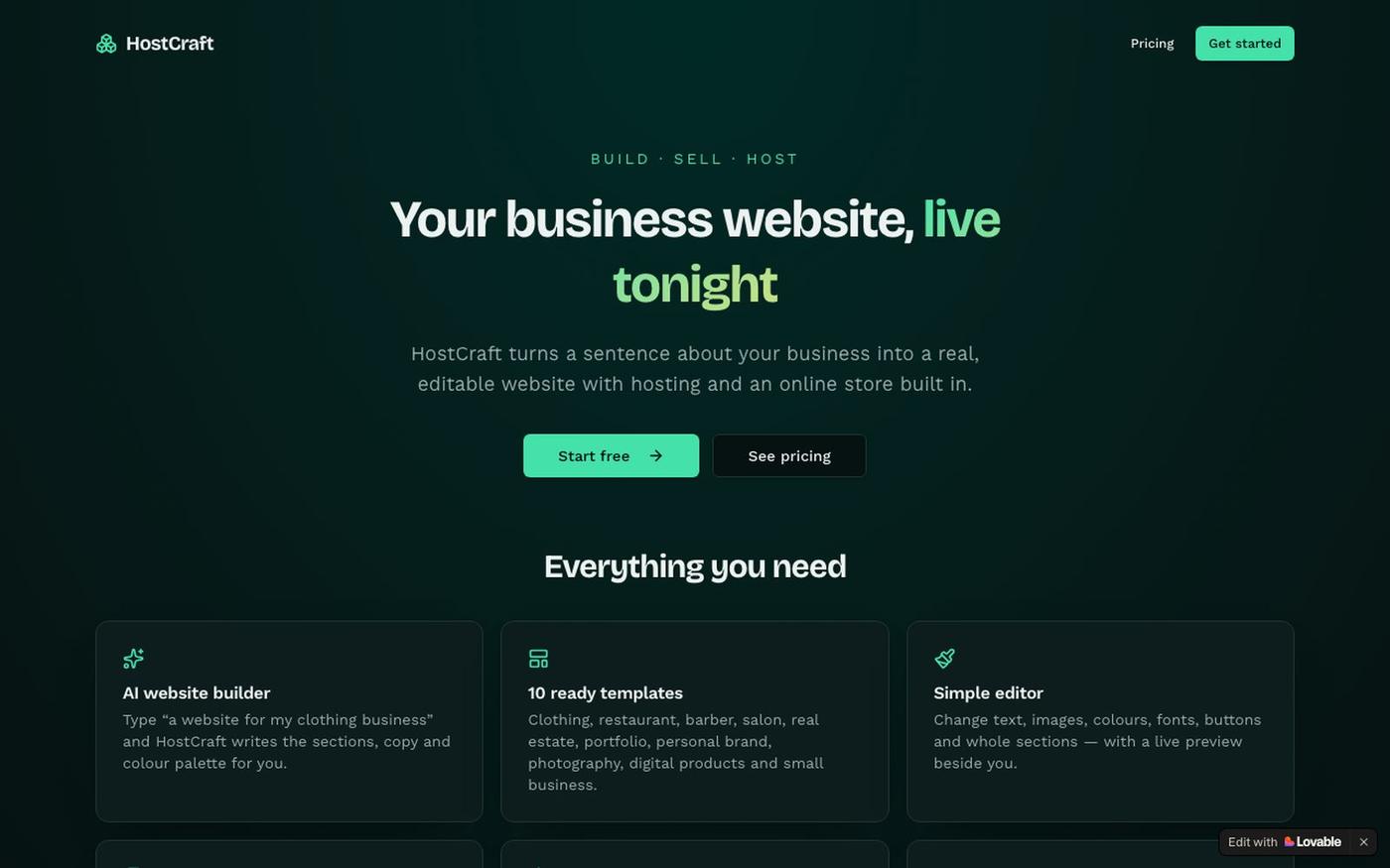 HostCraft — Build and host a website with AI — screenshot