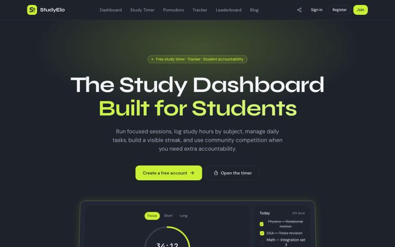 StudyElo – Free Study Timer, Pomodoro & Study Tracker for Students — screenshot