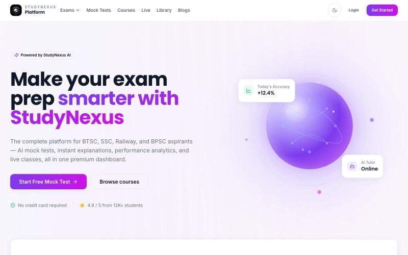 StudyNexus — AI-powered prep for BTSC, SSC, Railway & BPSC exams — screenshot